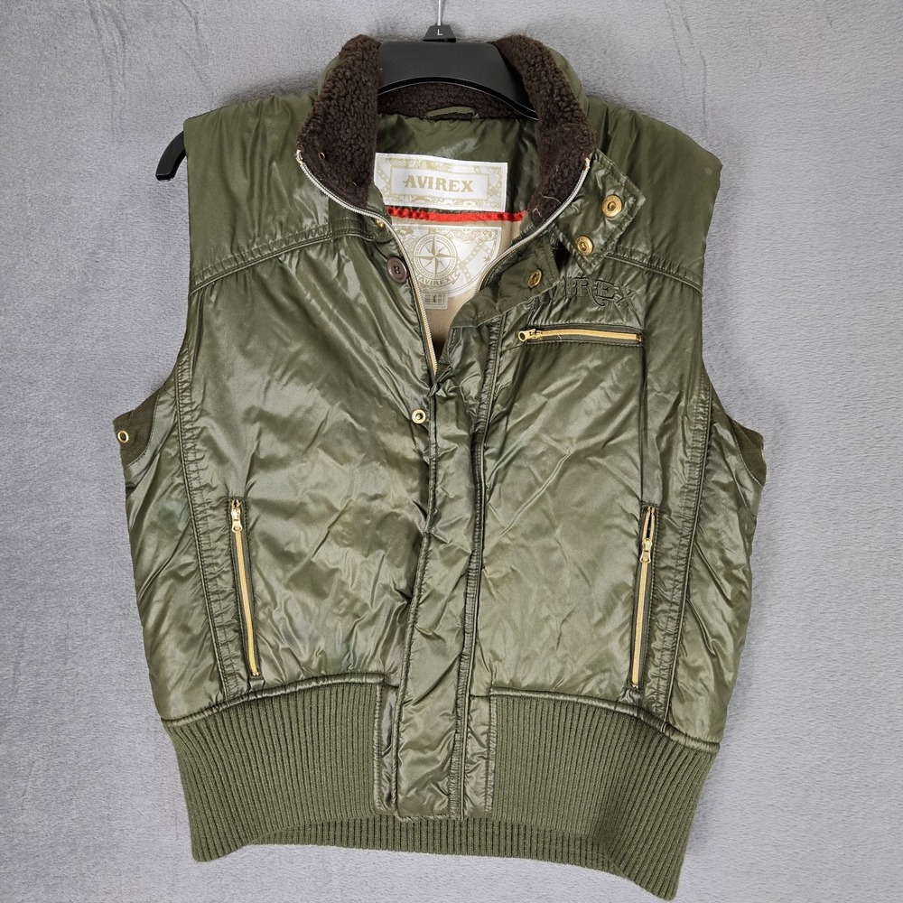 Avirex Vest Womensโ Large Green Military Flyers Puffer Quilted Hooded Full Zip